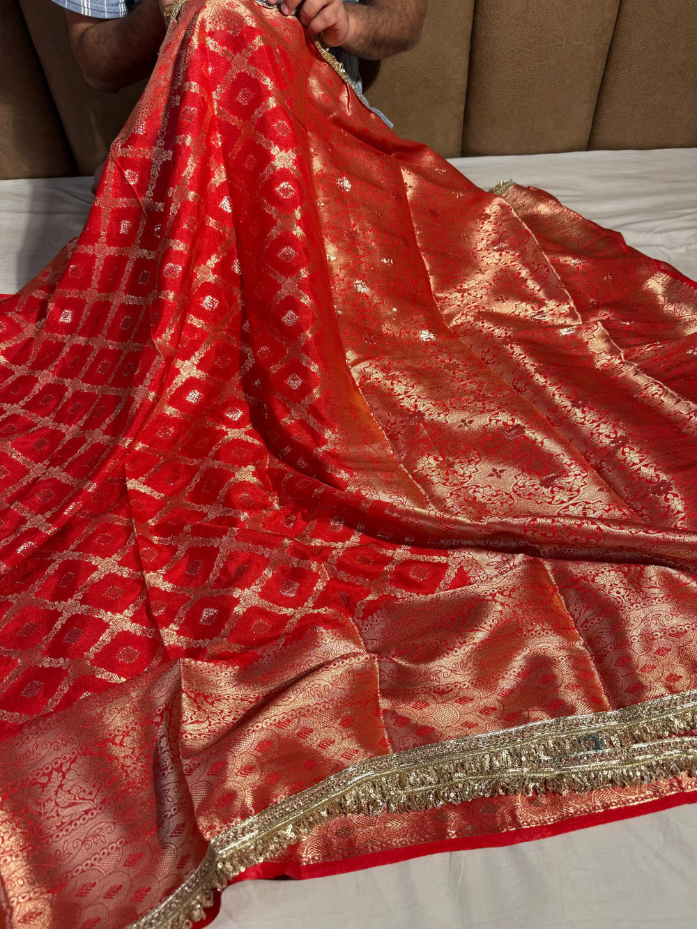 Bridal Red Chiniya Silk Lace Attached Banarasi Saree