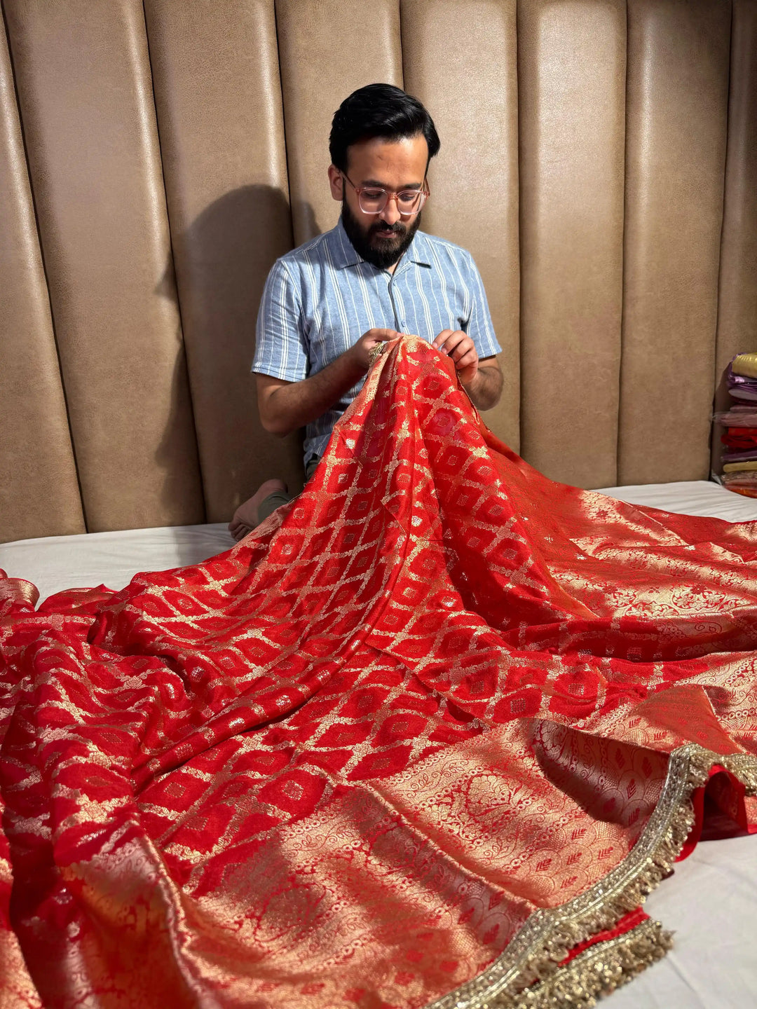 Bridal Red Chiniya Silk Lace Attached Banarasi Saree