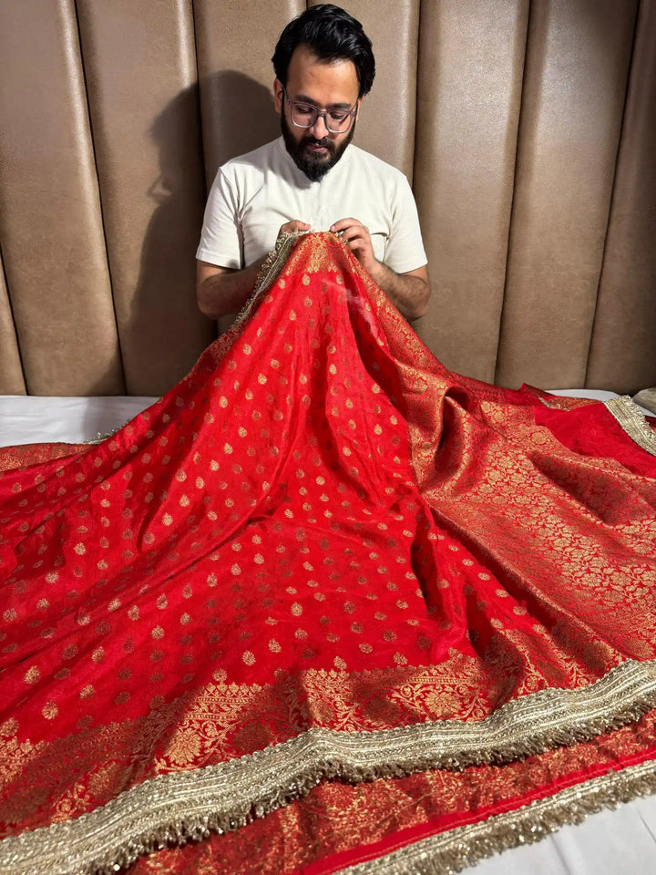 Bridal Red Georgette Silk Lace Work Banarasi Saree
