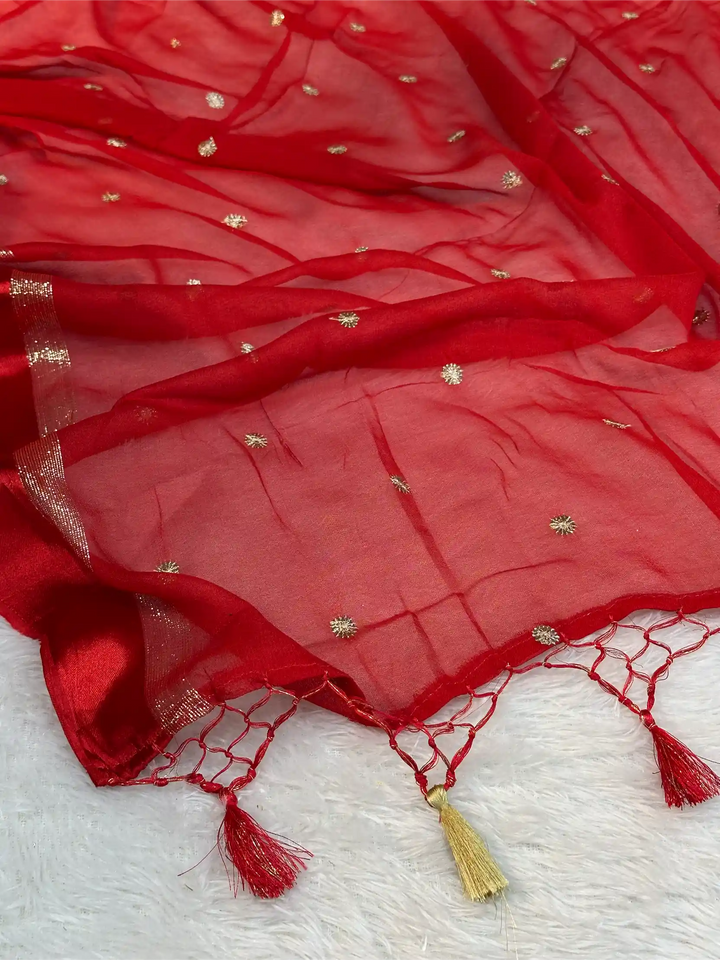 Bridal Red Viscose Georgette Silk Embroidered Saree