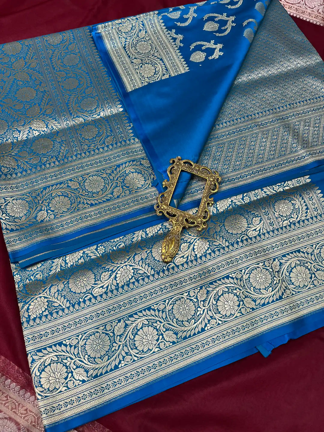 Bridal Blue Satin Silk Premium Jaal Pattern Banarasi Saree