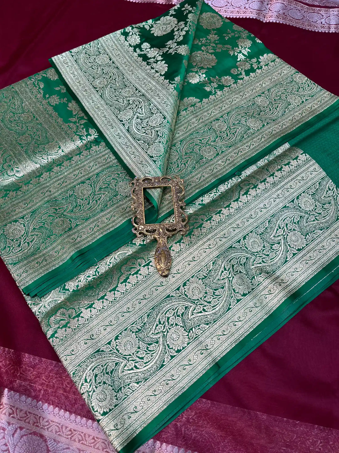 Bridal Dark Green Satin Silk Premium Jaal Pattern Banarasi Saree