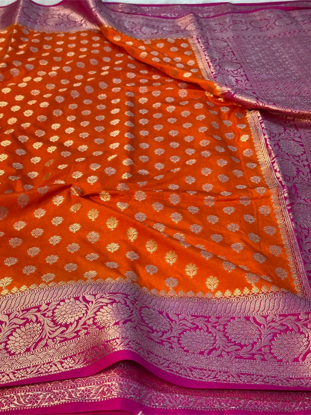 Bright Orange Chiniya Silk Khaddi Buti Banarasi Saree