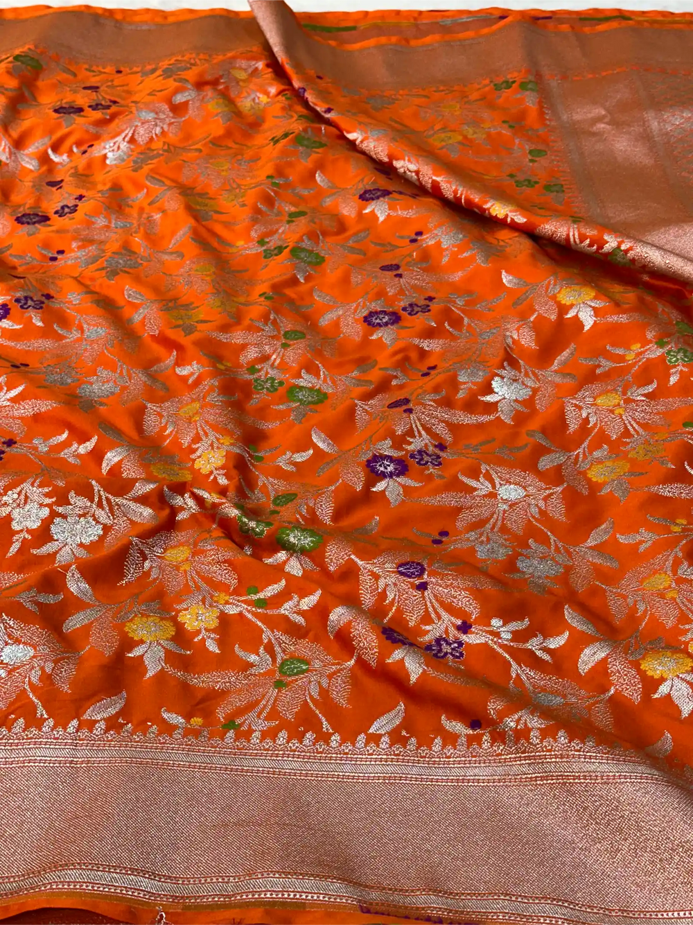 Bright Orange Mashru Katan Silk Meenakari Intricate Weave Banarasi Saree