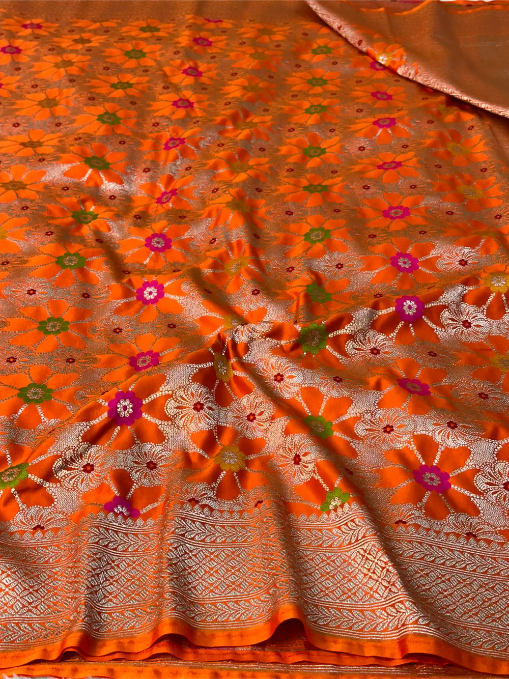 Bright Orange Mashru Katan Silk Meenakari Weave Banarasi Saree