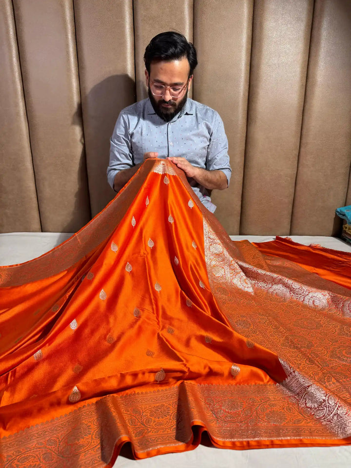 Bright Orange Motifs Weave Mashru Katan Saree