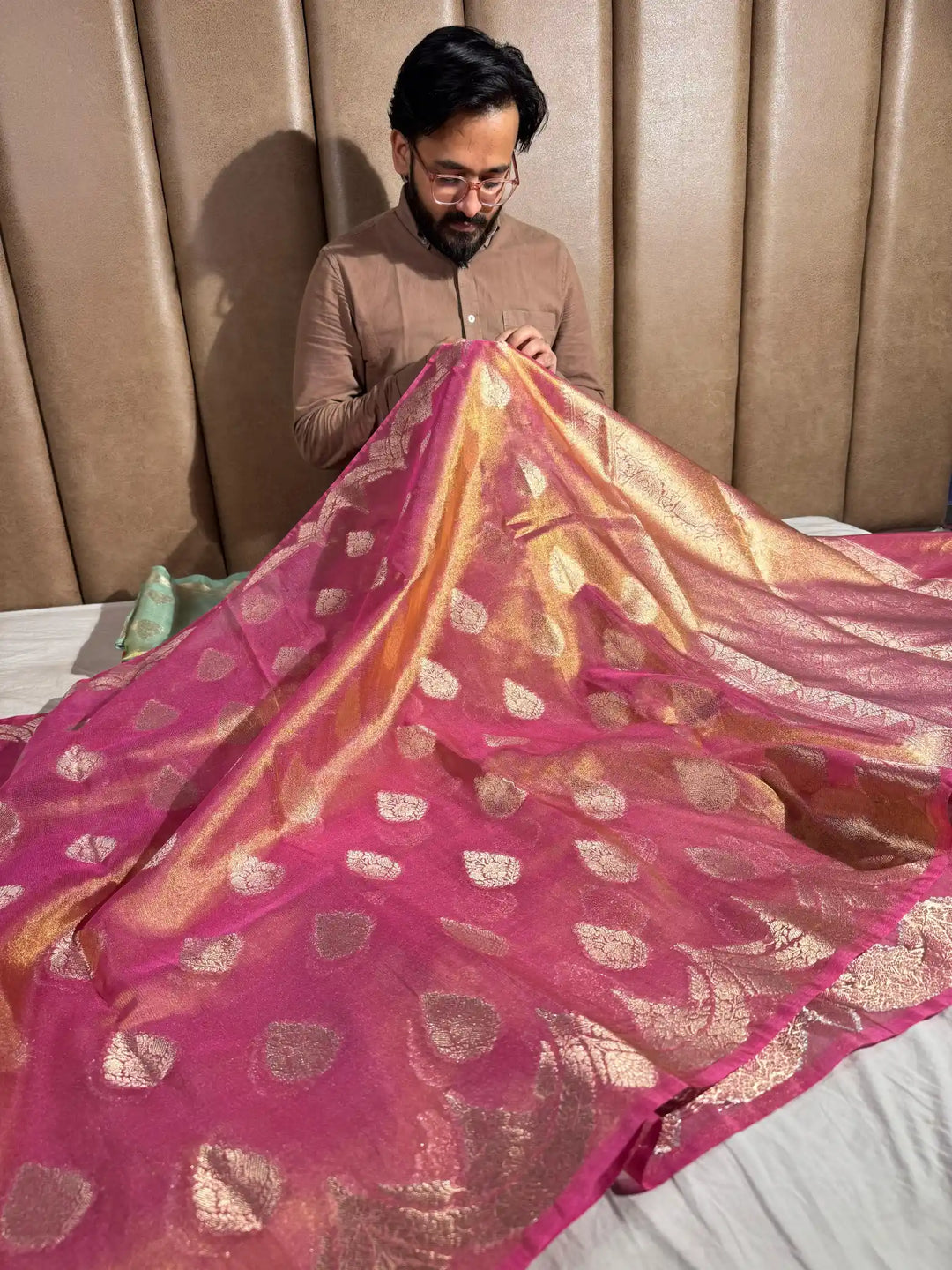 Bright Pink Tissue banarasi saree with rich pallu and blouse