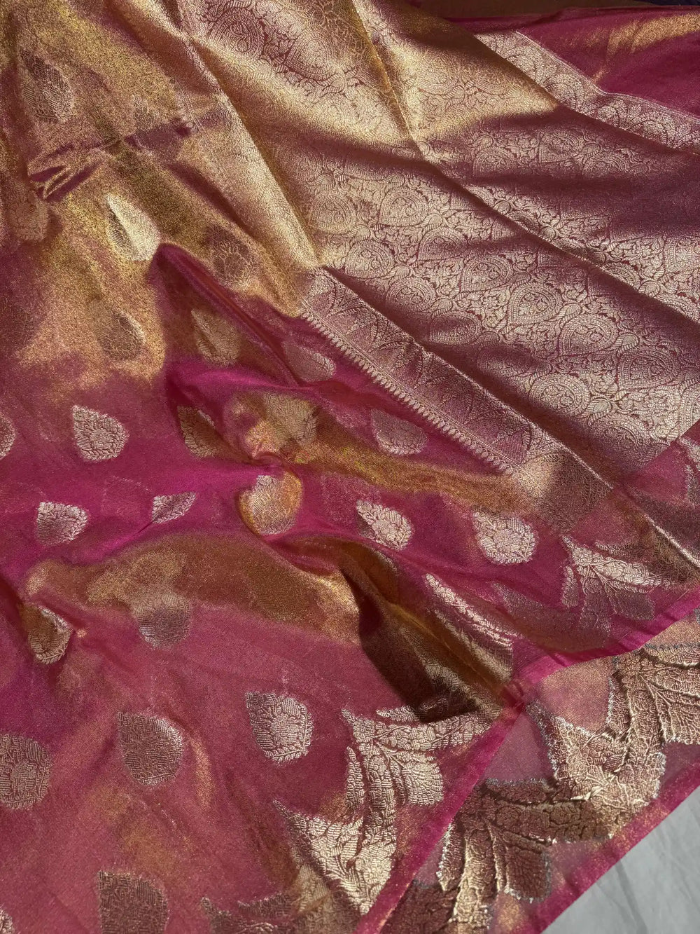 Bright Pink Tissue banarasi saree with rich pallu and blouse