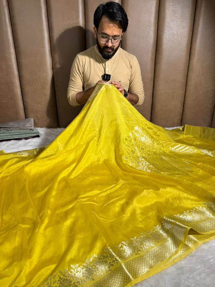 Bright Yellow Crepe Chinia Silk Banarasi Saree