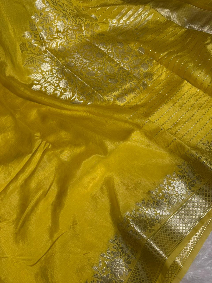 Bright Yellow Crepe Chinia Silk Banarasi Saree
