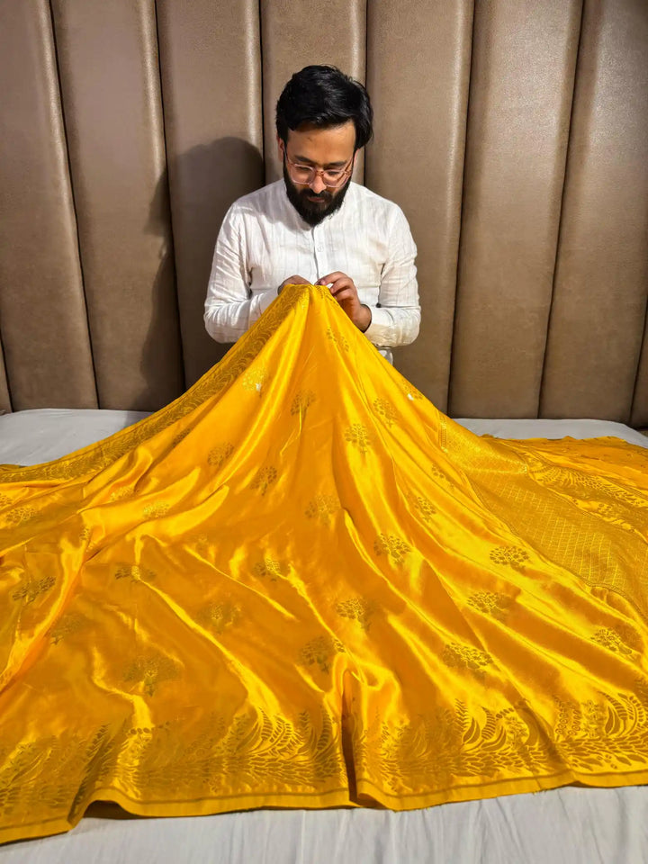 Bright Yellow Mashru Katan Silk Saree with Rich Pallu and Blouse