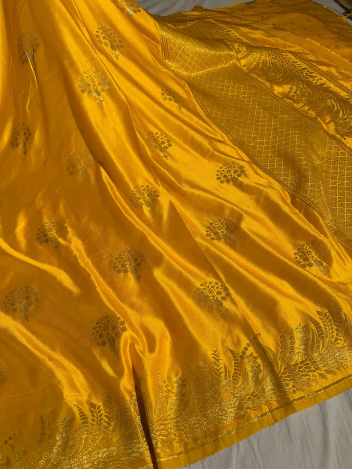 Bright Yellow Mashru Katan Silk Saree with Rich Pallu and Blouse