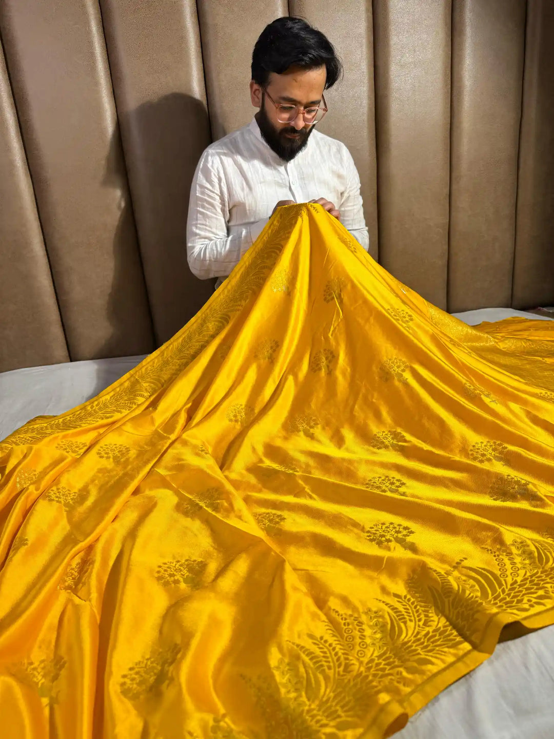 Bright Yellow Mashru Katan Silk Saree with Rich Pallu and Blouse