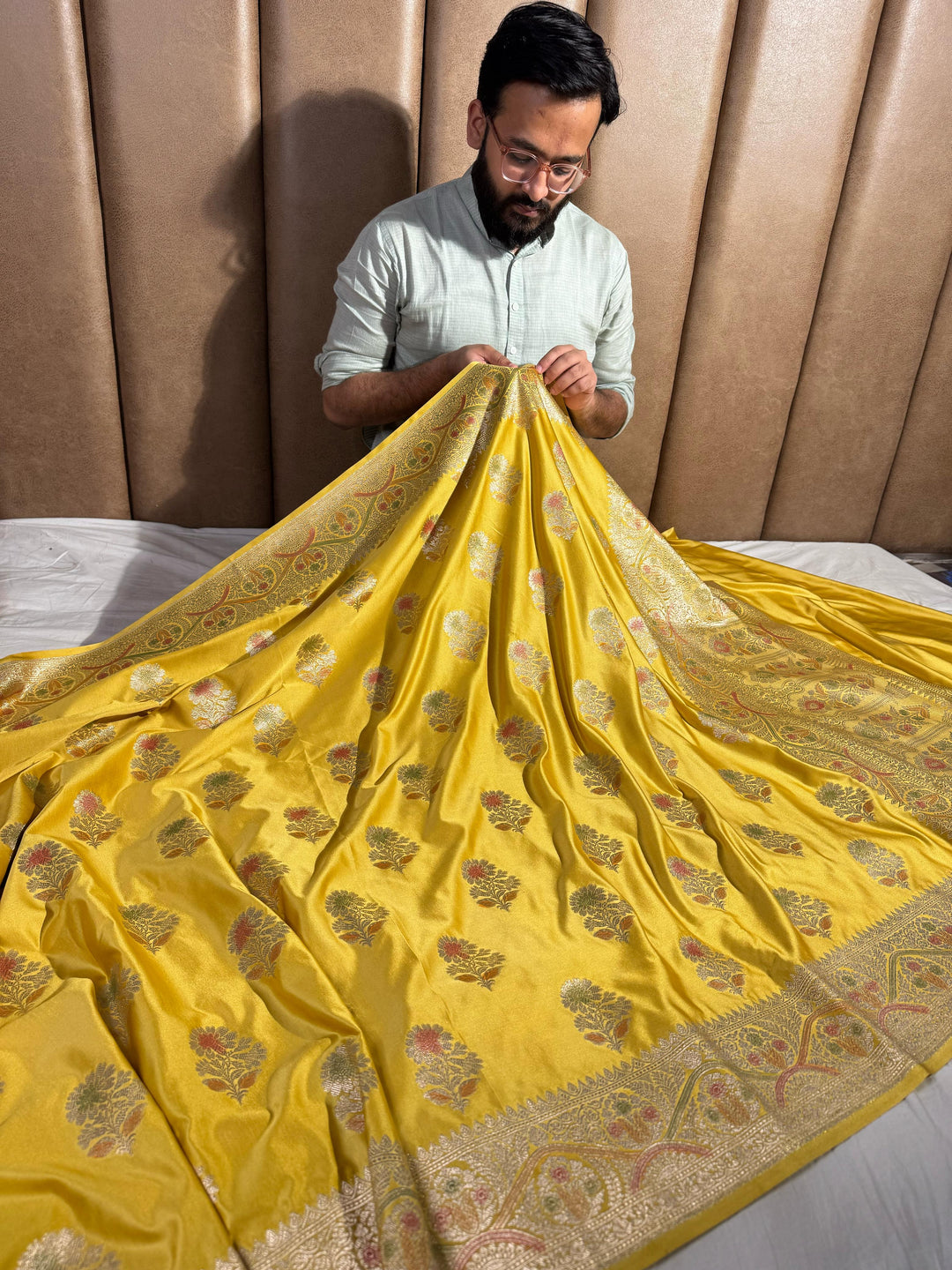 Bright Yellow Shade Mashru Katan Silk Saree with Handwork