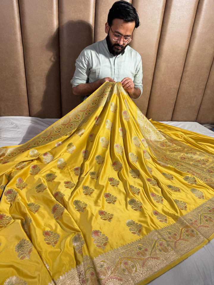 Bright Yellow Shade Mashru Katan Silk Saree with Handwork