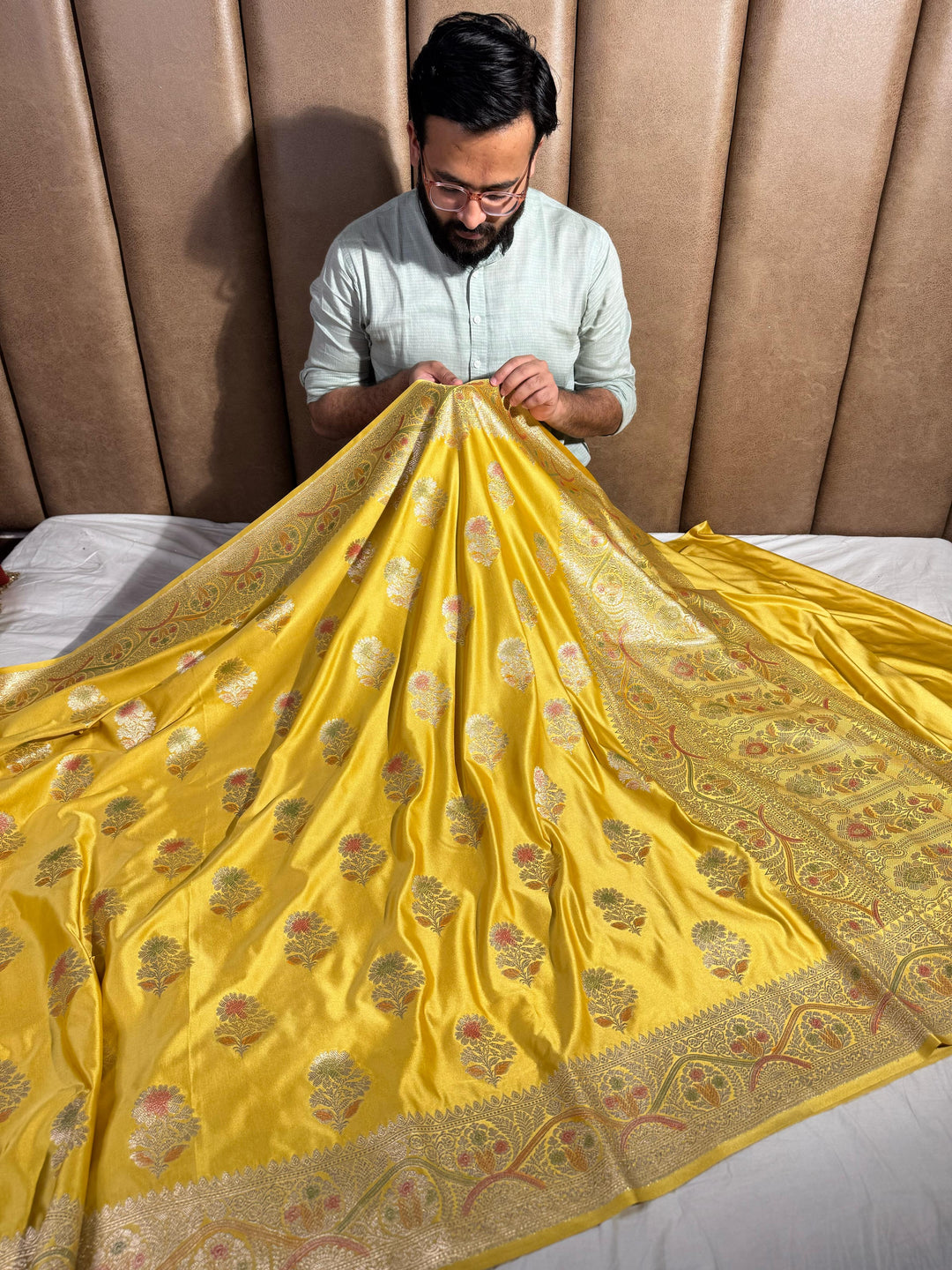 Bright Yellow Shade Mashru Katan Silk Saree with Handwork