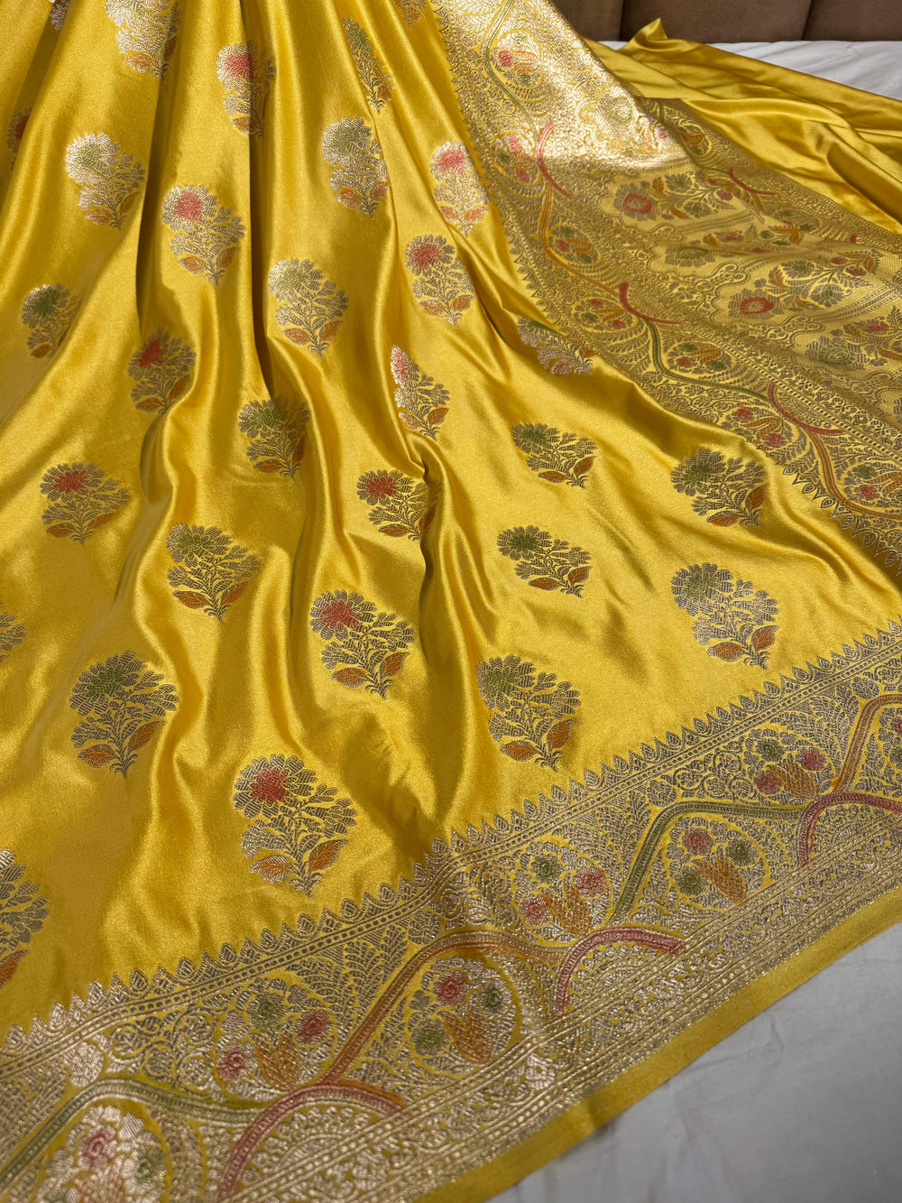 Bright Yellow Shade Mashru Katan Silk Saree with Handwork