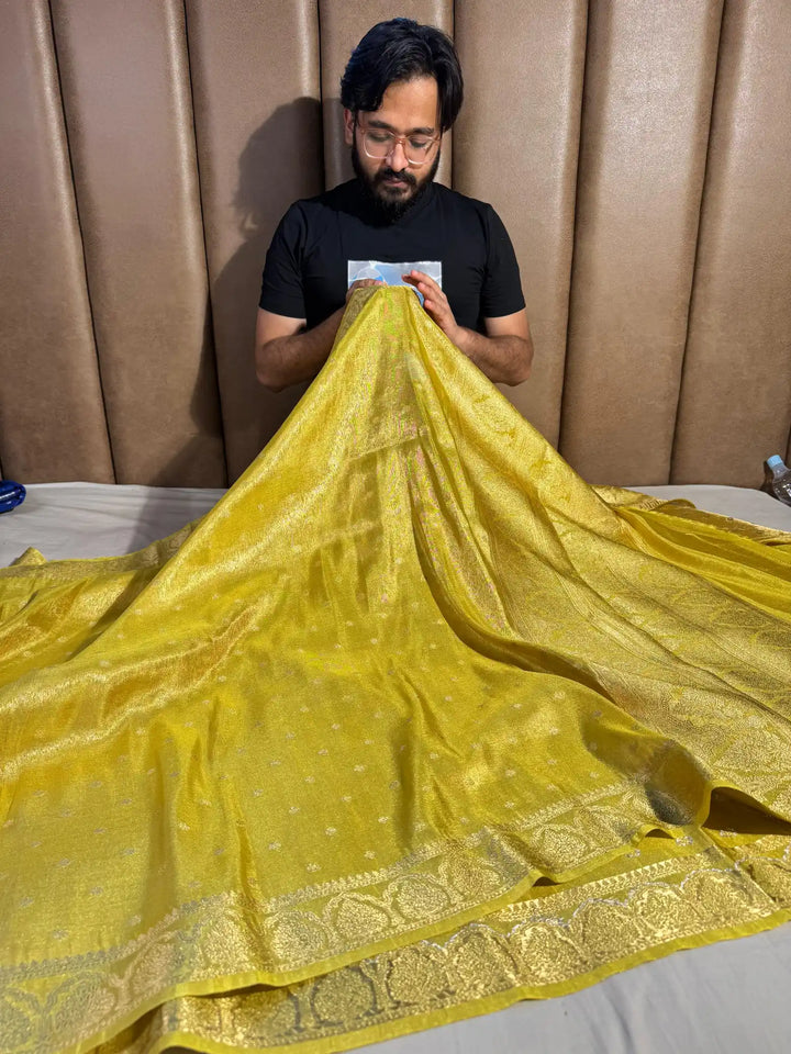 Bright Yellow Soft Luxurious Tissue Silk Saree with Rich Pallu and Blouse