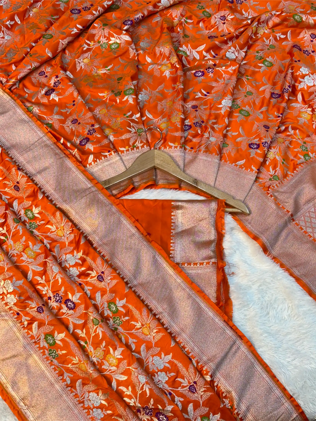 Bright Orange Mashru Katan Silk Meenakari Intricate Weave Banarasi Saree