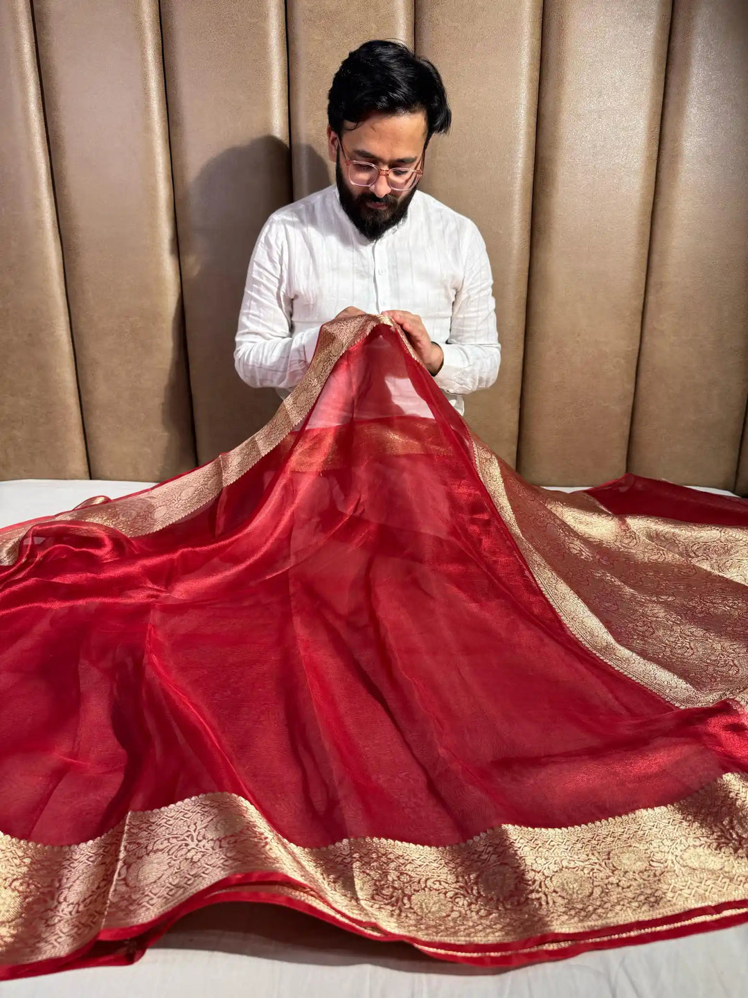 Carmine Red Pure Tissue Silk Banarasi Saree