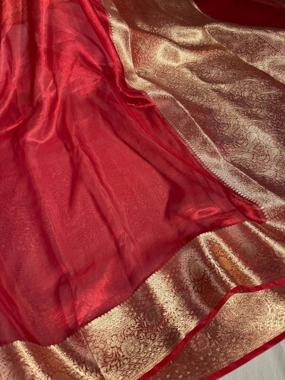 Carmine Red Pure Tissue Silk Banarasi Saree