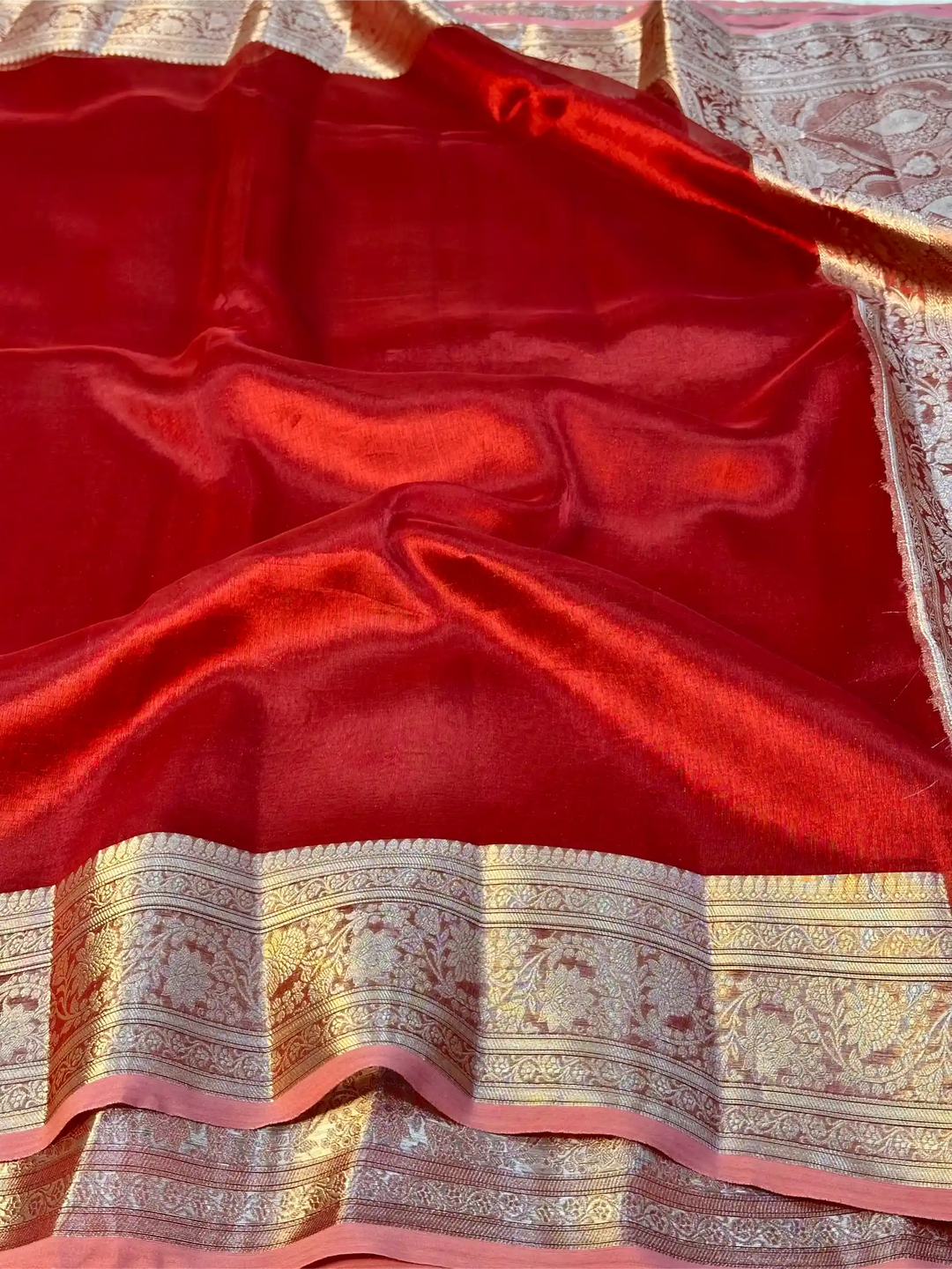 Carmine Red Pure Tissue Silk Intricate Banarasi Saree