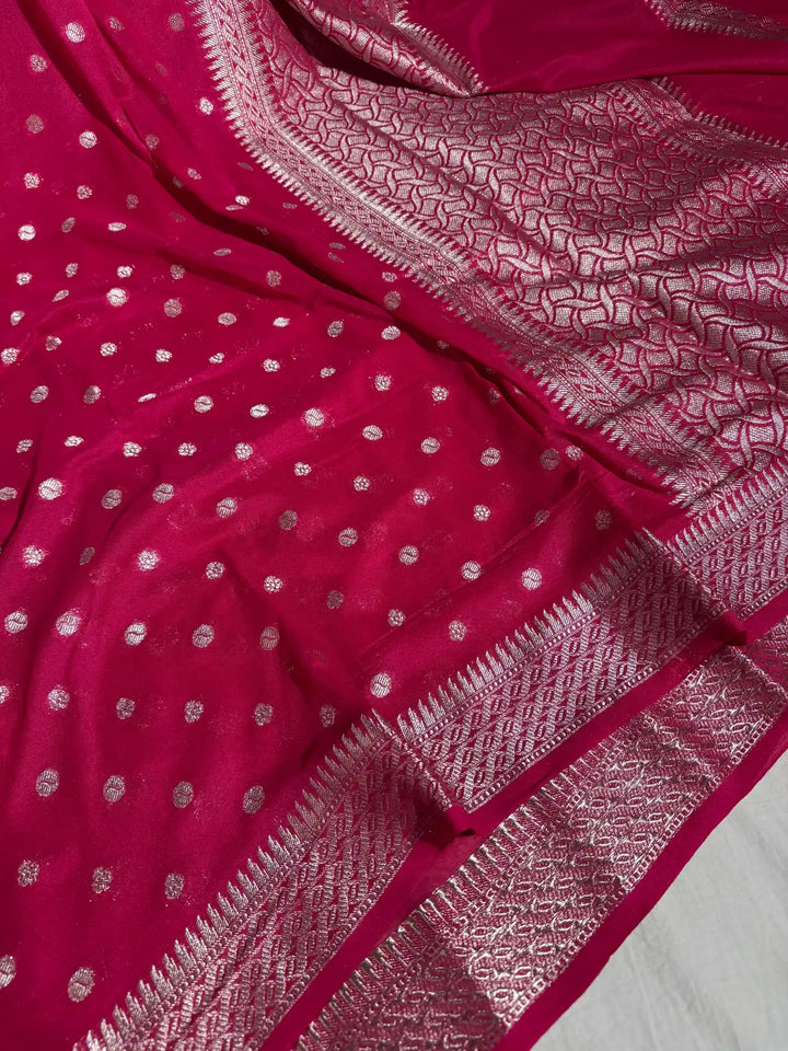 Cherry Red Banarasi Khaddi Shiffon Silk Saree with rich pallu and blouse