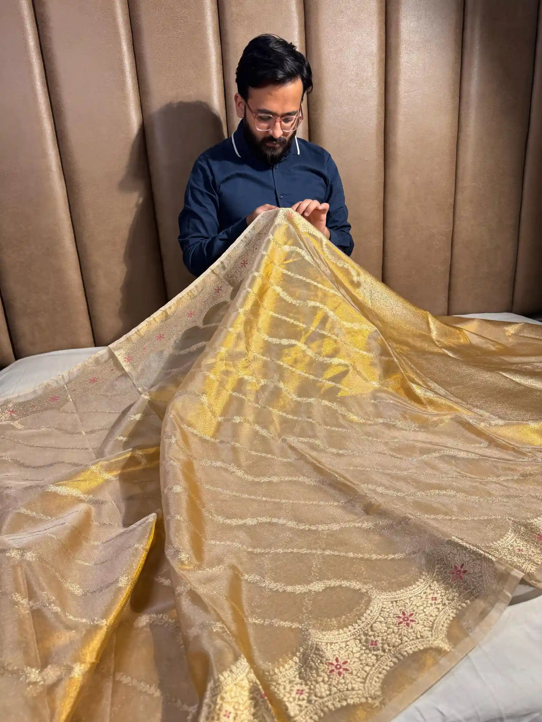 Copper Tissue Silk Meenkari Saree with rich pallu and blouse