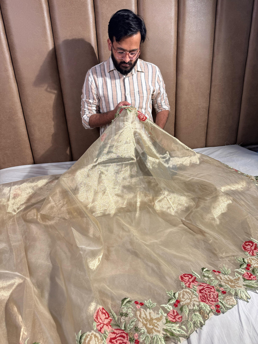 Golden Tissue Silk Crochet Work Banarasi Saree