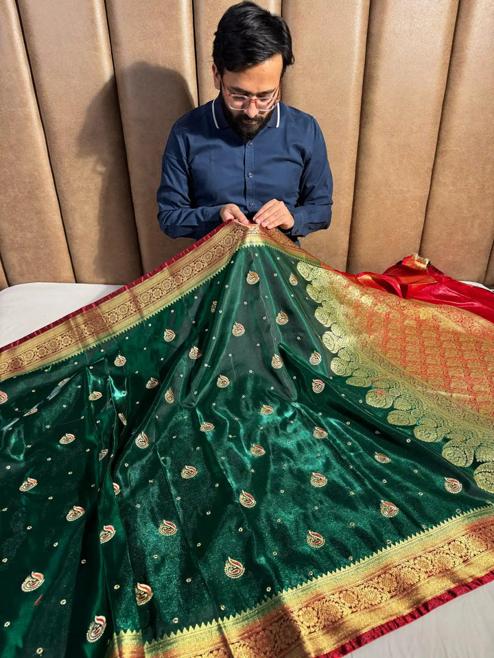 Dark Green Banarasi Satin Katan Silk Saree with Embroidery work and contrast rich pallu