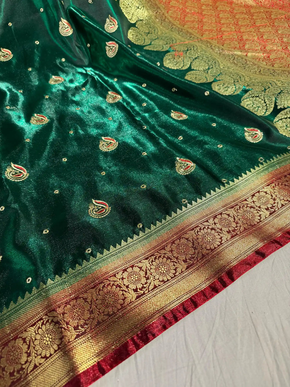 Dark Green Banarasi Satin Katan Silk Saree with Embroidery work and contrast rich pallu