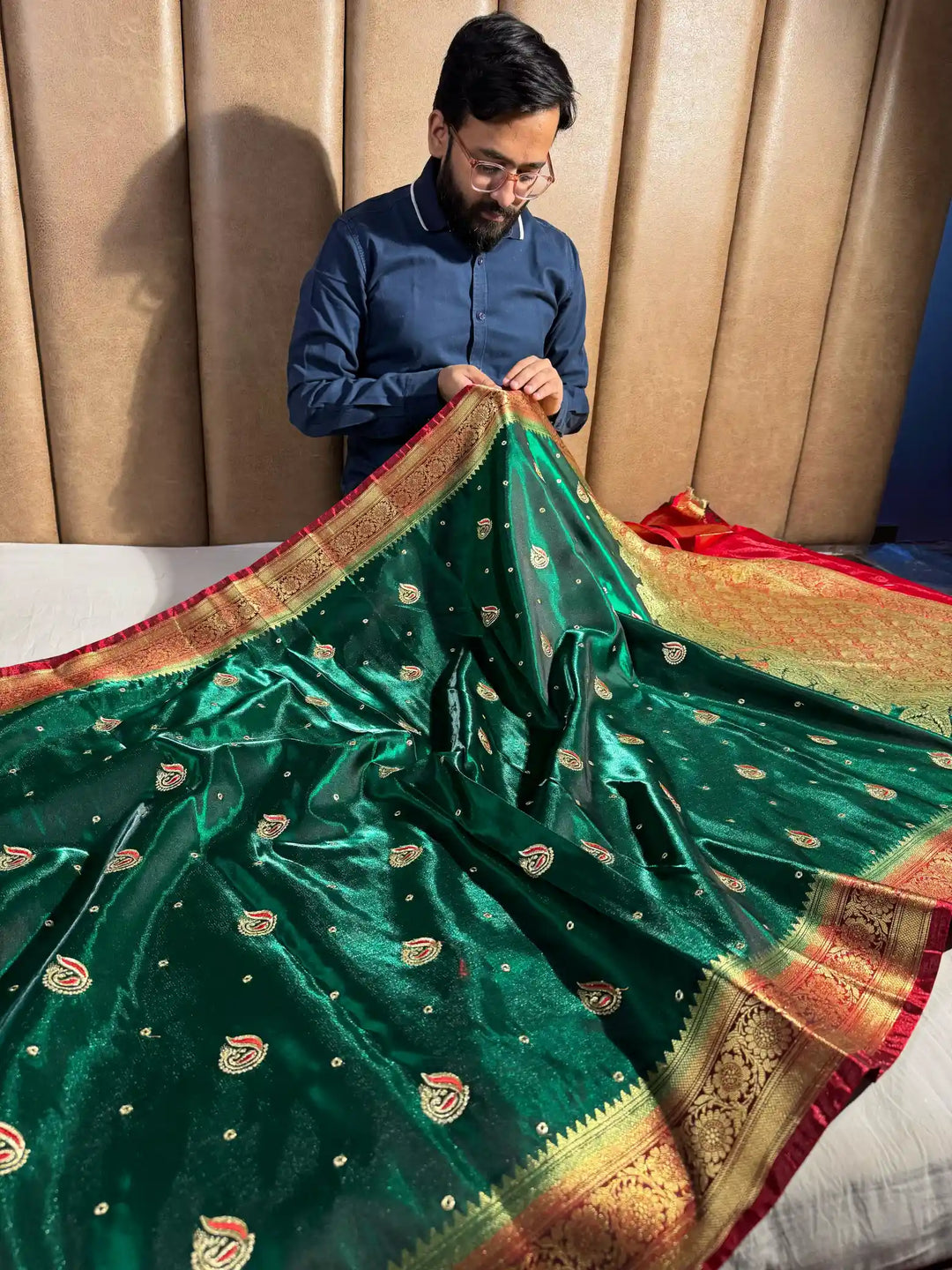 Dark Green Banarasi Satin Katan Silk Saree with Embroidery work and contrast rich pallu