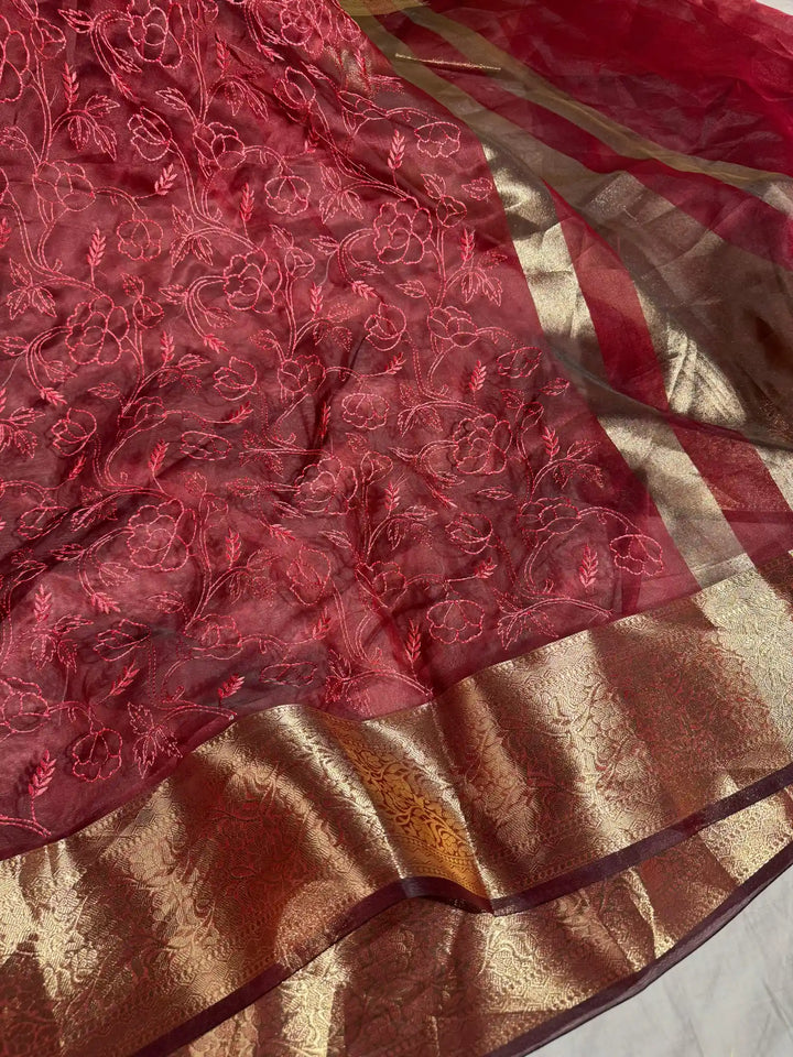 Dark Red Banarasi Tissue Chikankari Saree with Rich Pallu & Blouse