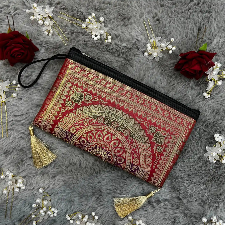 Dark Red Shade Handmade Banarasi Women Wallet