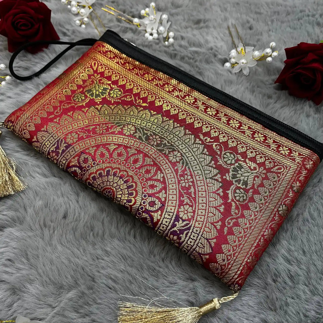 Dark Red Shade Handmade Banarasi Women Wallet