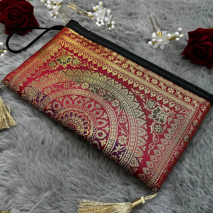 Dark Red Shade Handmade Banarasi Women Wallet