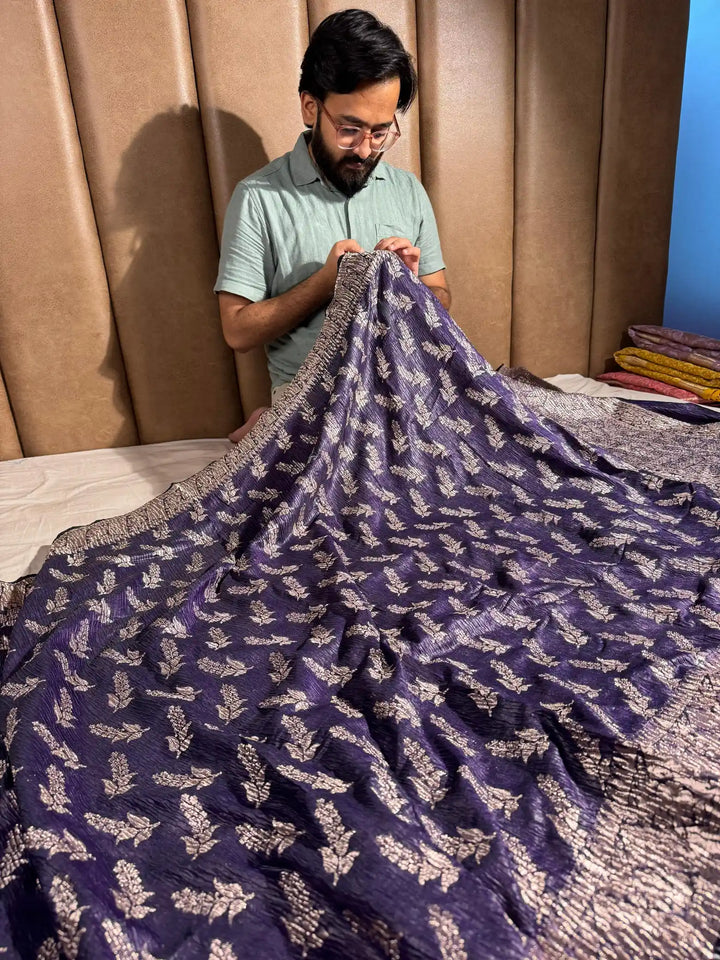 Purple Taupe Pashmina silk saree with vertical crush pattern and rich pallu