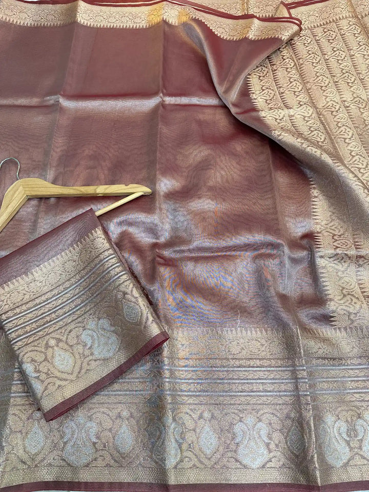 Deep Coffee Glass Tissue Silk Banarasi Saree