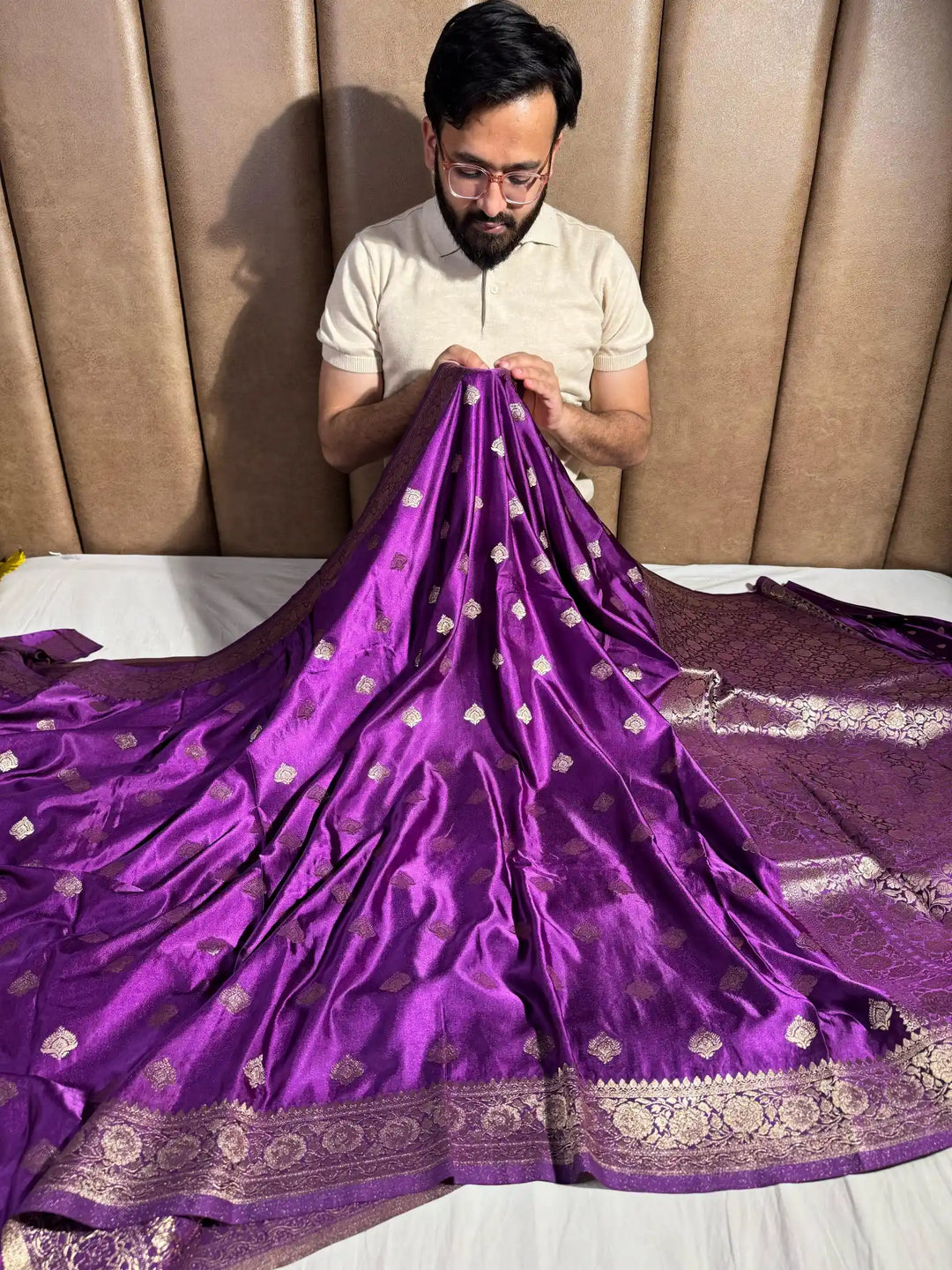 Deep Purple Mashru Katan Silk Banarasi Saree with Rich Pallu and Blouse