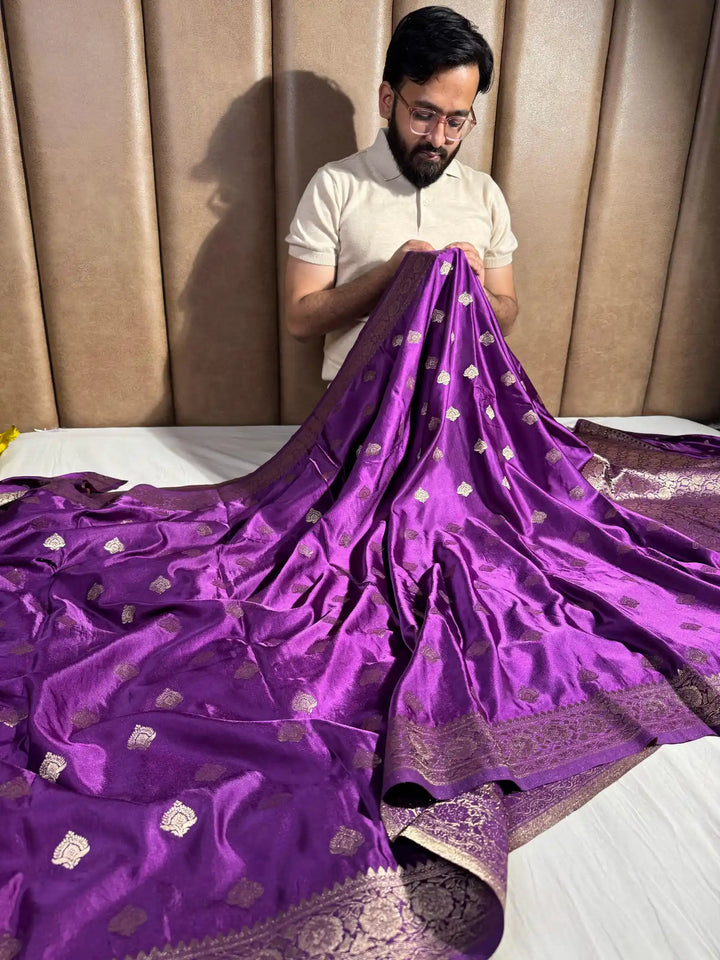 Deep Purple Mashru Katan Silk Banarasi Saree with Rich Pallu and Blouse