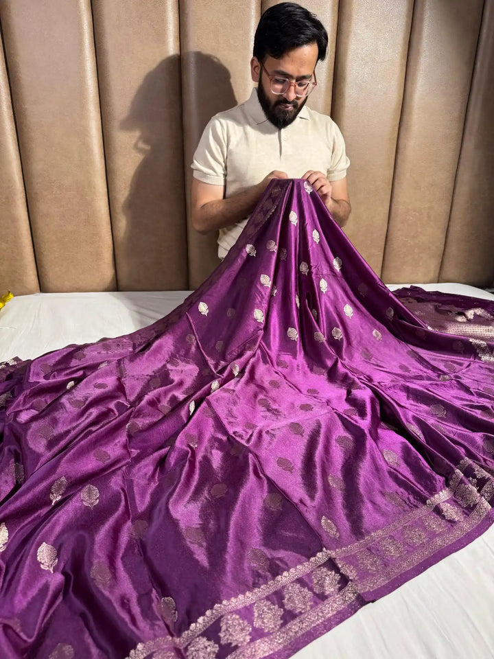 Deep Voilet Mashru Katan Silk Banarasi Saree with Rich Pallu and Blouse