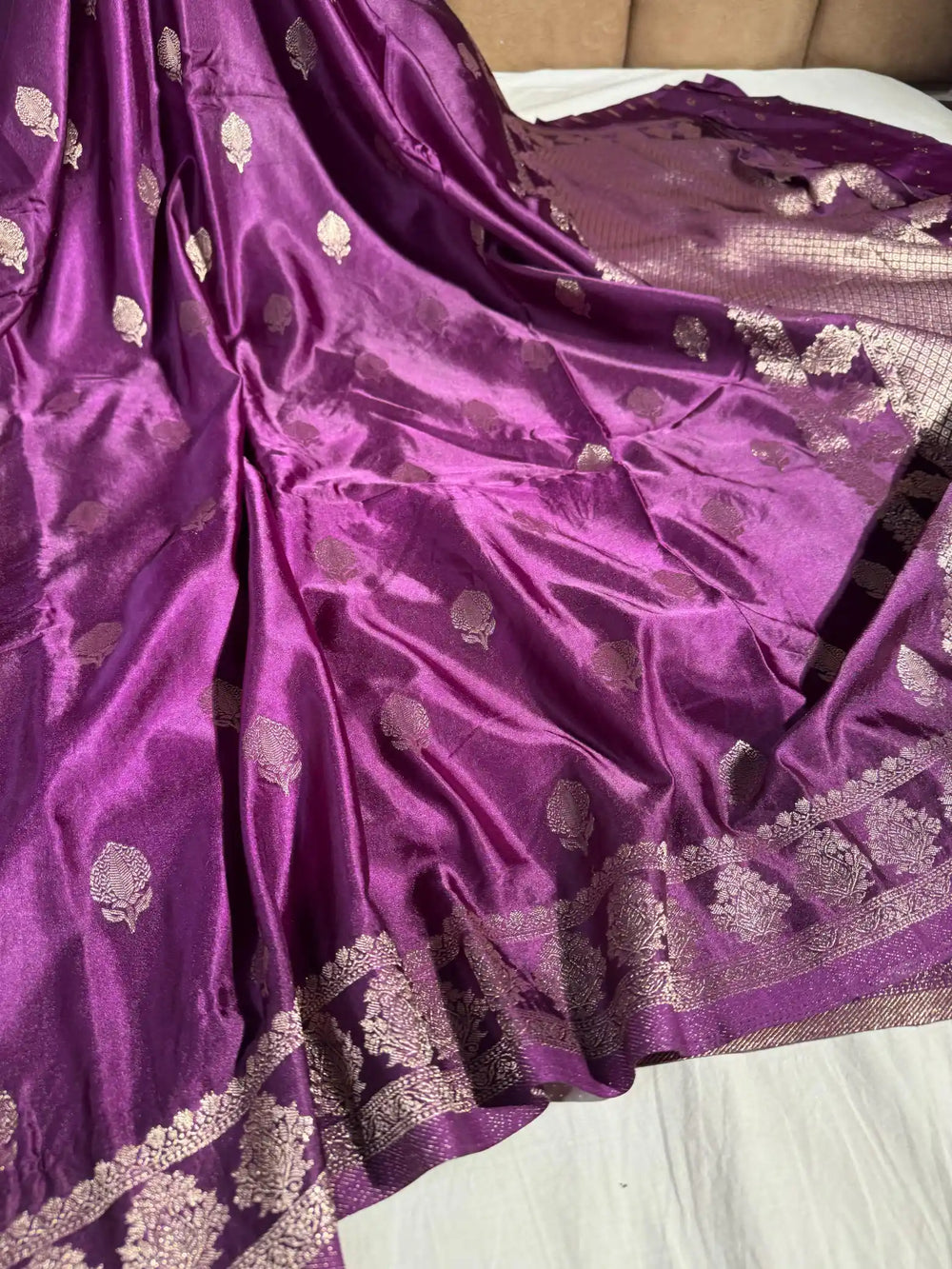 Deep Voilet Mashru Katan Silk Banarasi Saree with Rich Pallu and Blouse