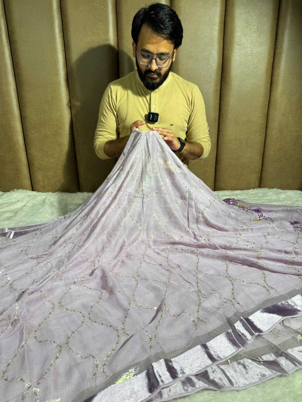 Dusty Lavender Viscose Georgette Silk Embroidered Saree