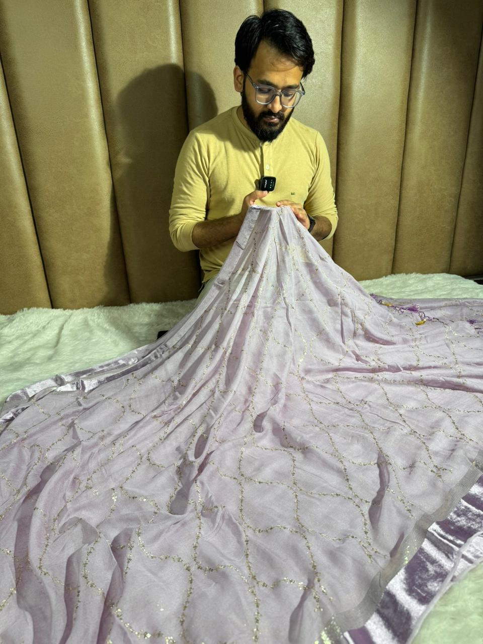 Dusty Lavender Viscose Georgette Silk Embroidered Saree