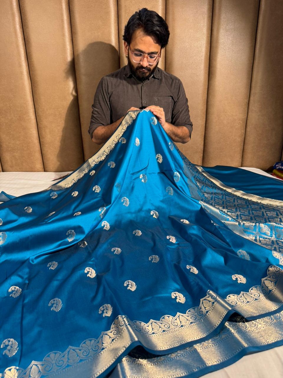Emerald Blue Banarasi Semi Katan Silk Saree with Rich Pallu and Blouse