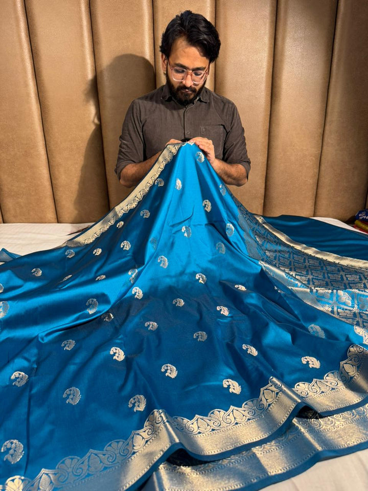 Emerald Blue Banarasi Semi Katan Silk Saree with Rich Pallu and Blouse