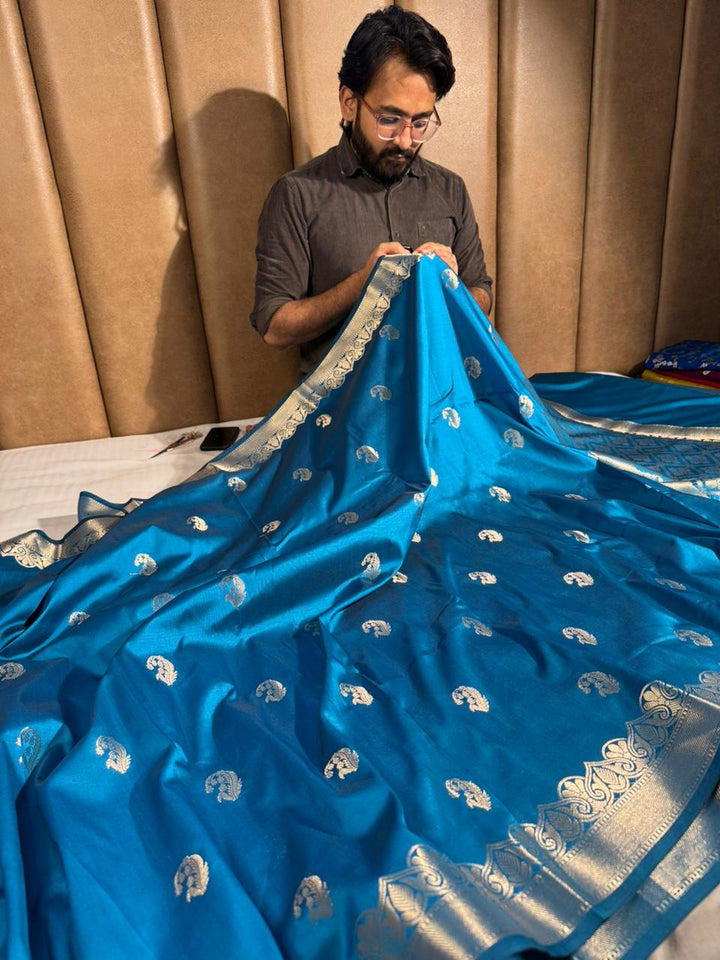 Emerald Blue Banarasi Semi Katan Silk Saree with Rich Pallu and Blouse