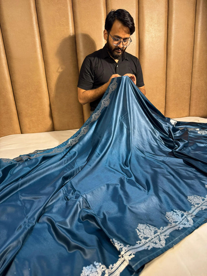 Emerald Blue Mashru Katan Silk Banarasi Saree
