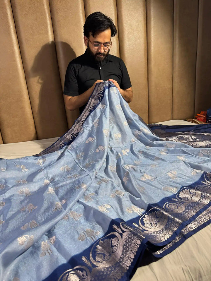 English shade banarasi georgette tissue silk saree with rich pallu and blouse