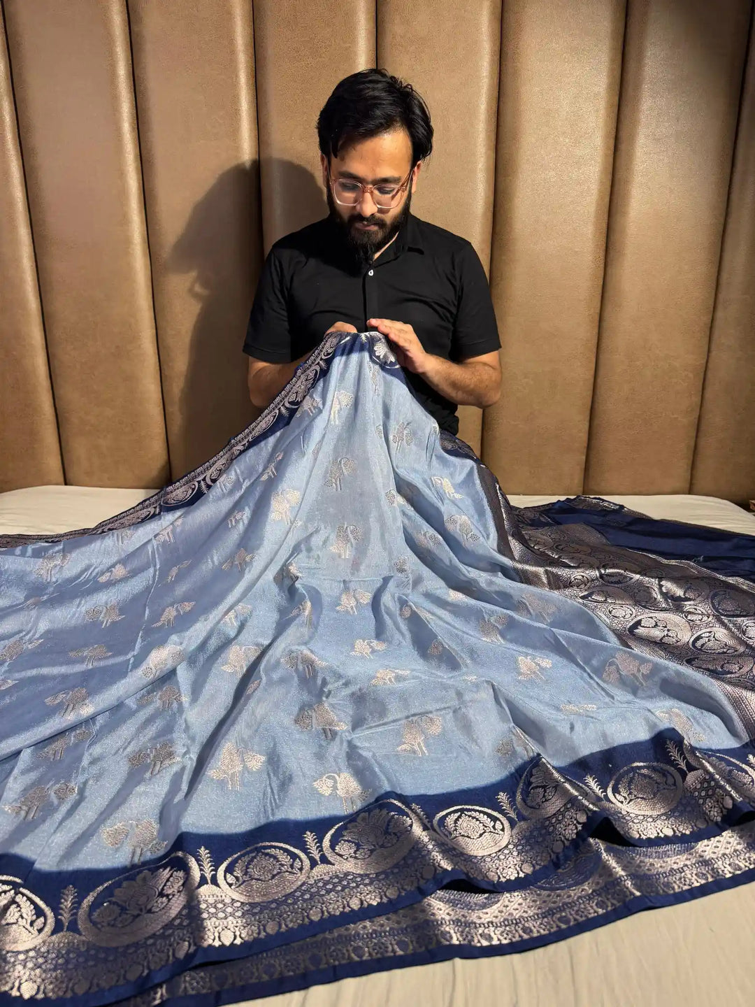 English shade banarasi georgette tissue silk saree with rich pallu and blouse